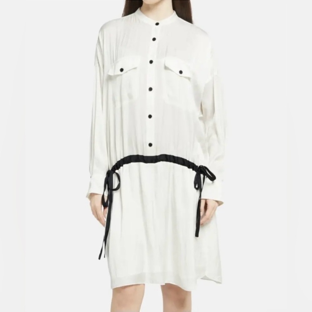 Zadig & Voltaire Romeo Satin Shirt Dress White Black Tie Medium - Excellent